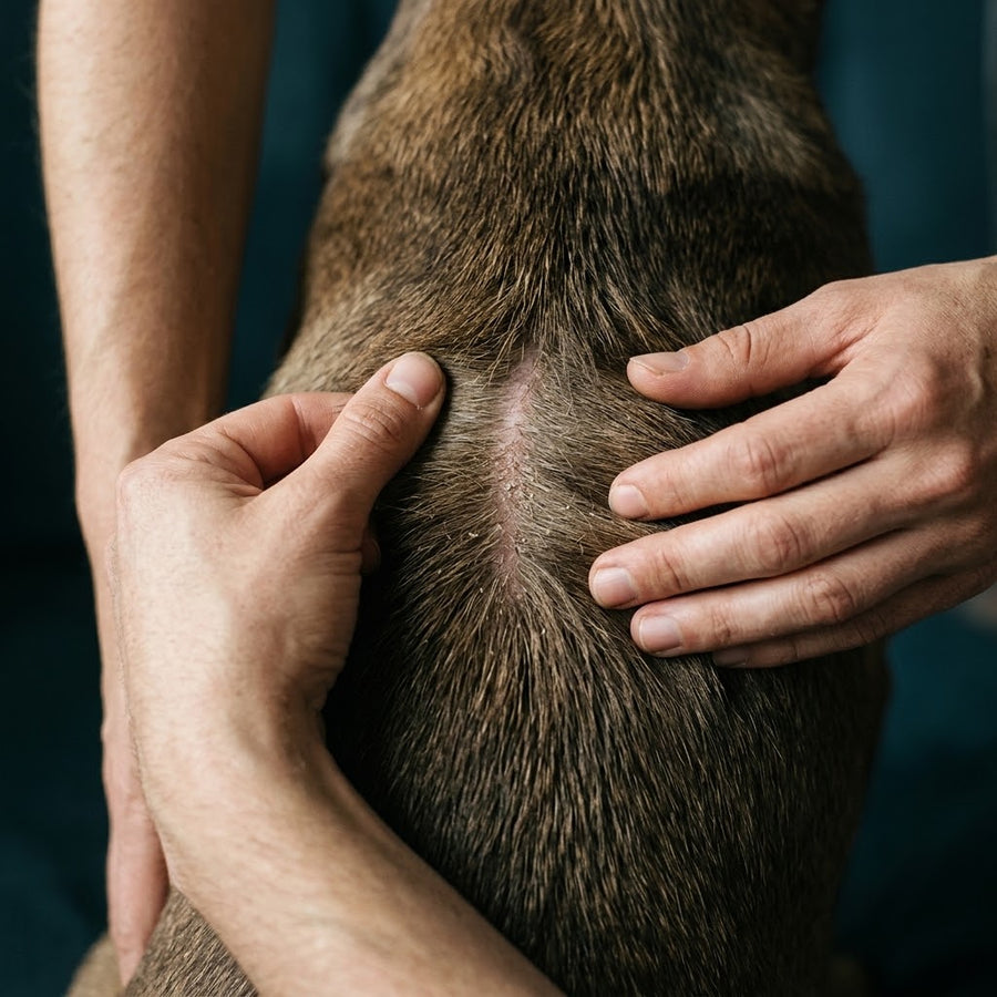 Manos separando el pelo de un perro para revisarle la piel