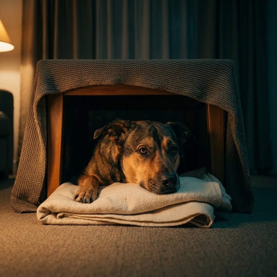 Perro descansando en su refugio dentro de casa por la noche