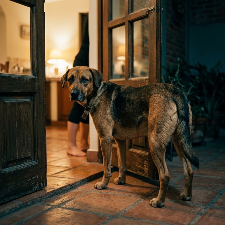Perro junto a la puerta del patio por la noche