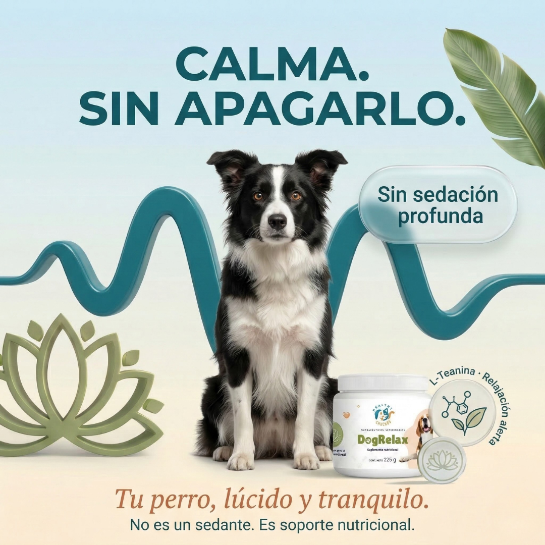 Polvo DogRelax cayendo en cuchara con manzana fresca