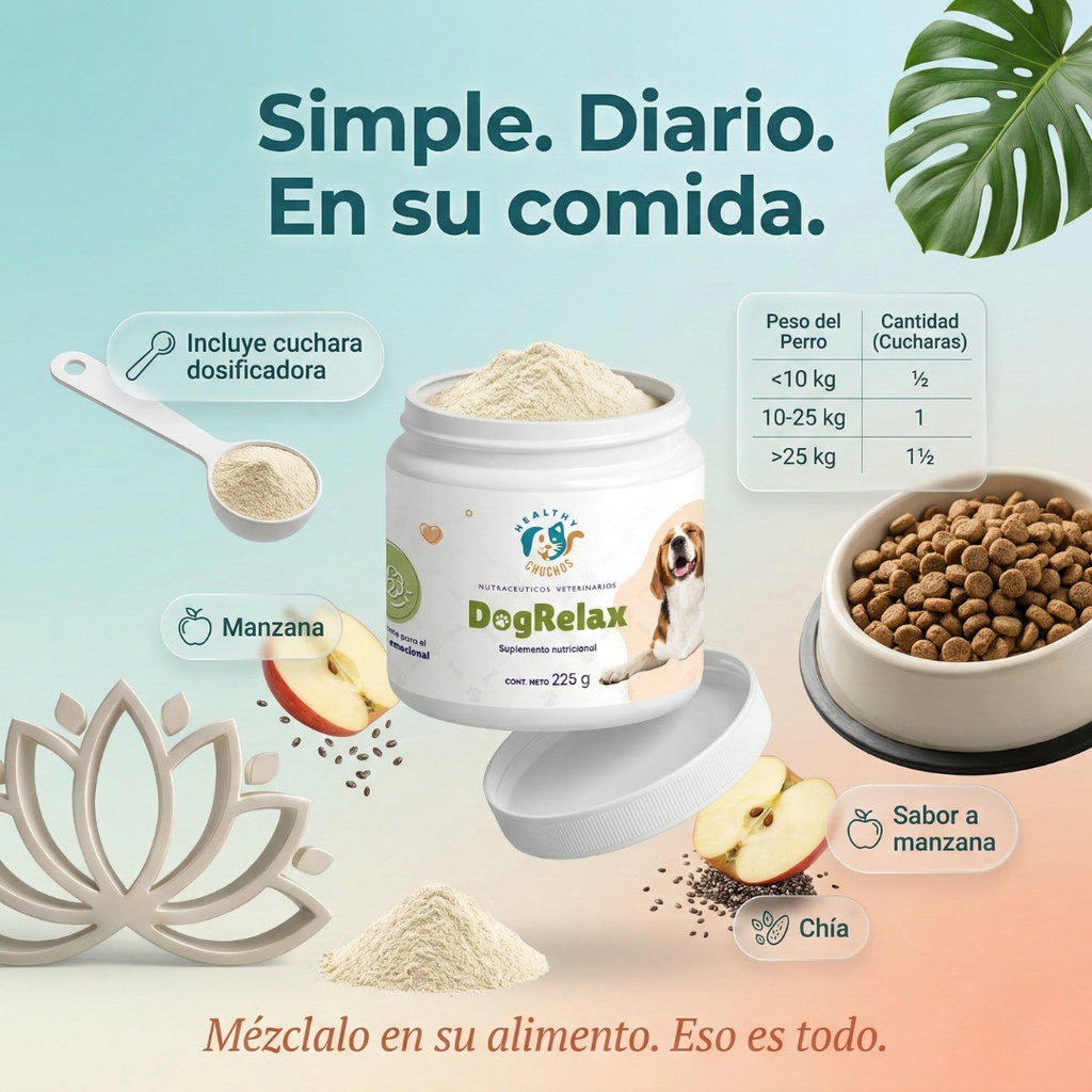 Modo de uso DogRelax - tabla de dosificación por peso con cuchara dosificadora