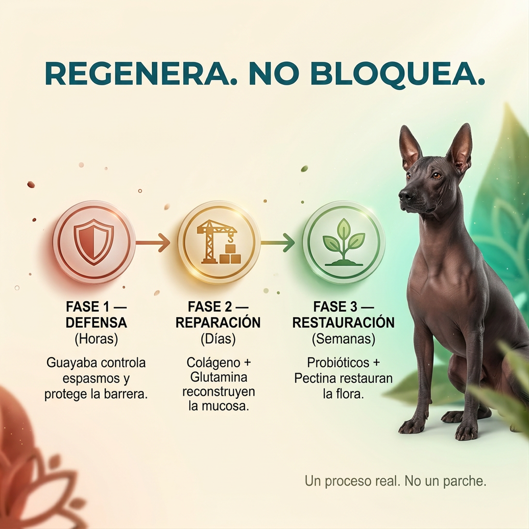Polvo GastroDog cayendo en cuchara con manzana fresca
