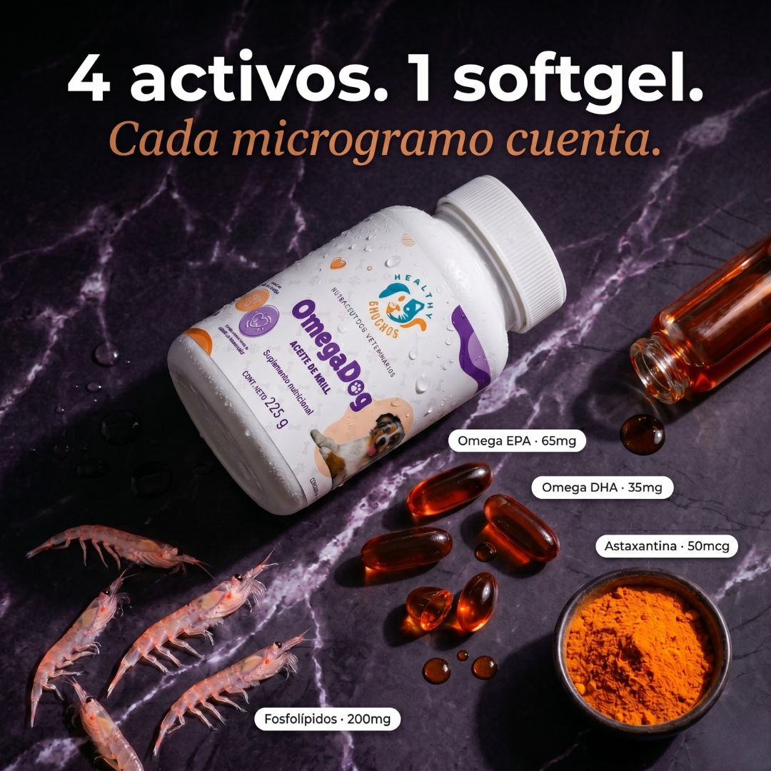 OmegaDog: lubrica folículos, reduce inflamación, repara barrera cutánea, protege hueso