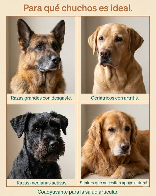 Perfiles ideales para ArtriDog: razas grandes, seniors, post-cirugía, displasia