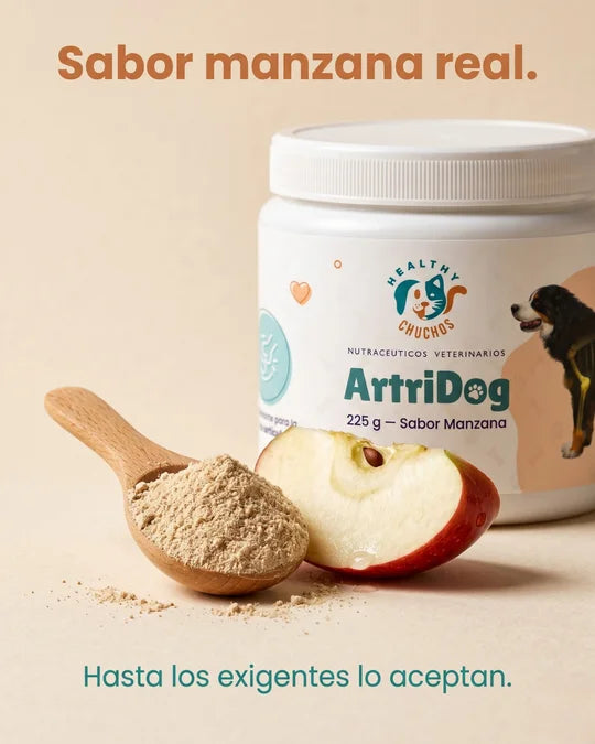 Polvo ArtriDog cayendo en cuchara con manzana fresca