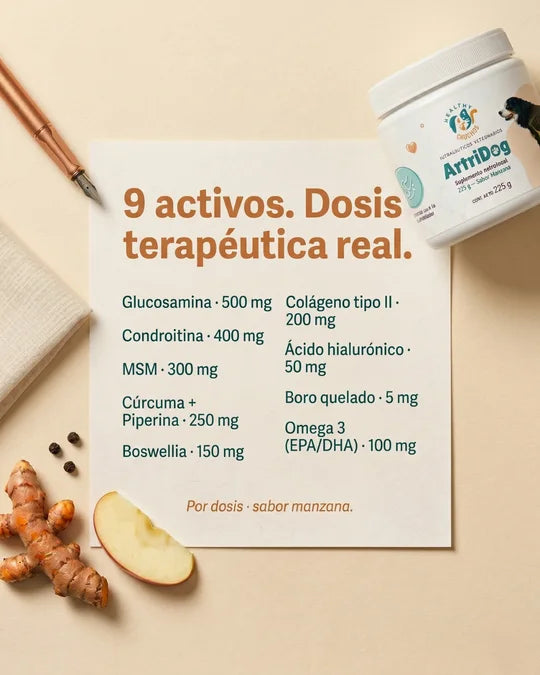 Etiqueta ArtriDog con 9 activos y dosis terapéutica